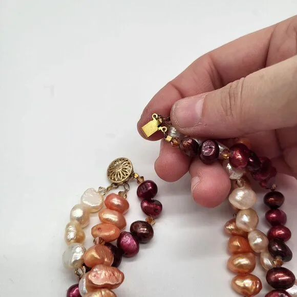VTG 14/20 Gold Filled Clasp 3 Strand Red Peach Cream Pearl Statement Necklace - Picture 9 of 9
